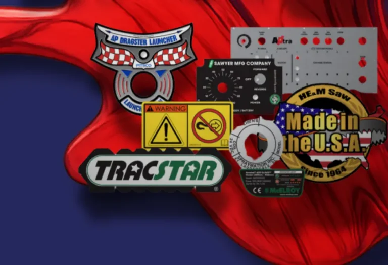 Assortment of custom decals, nameplates and Made in the USA badges